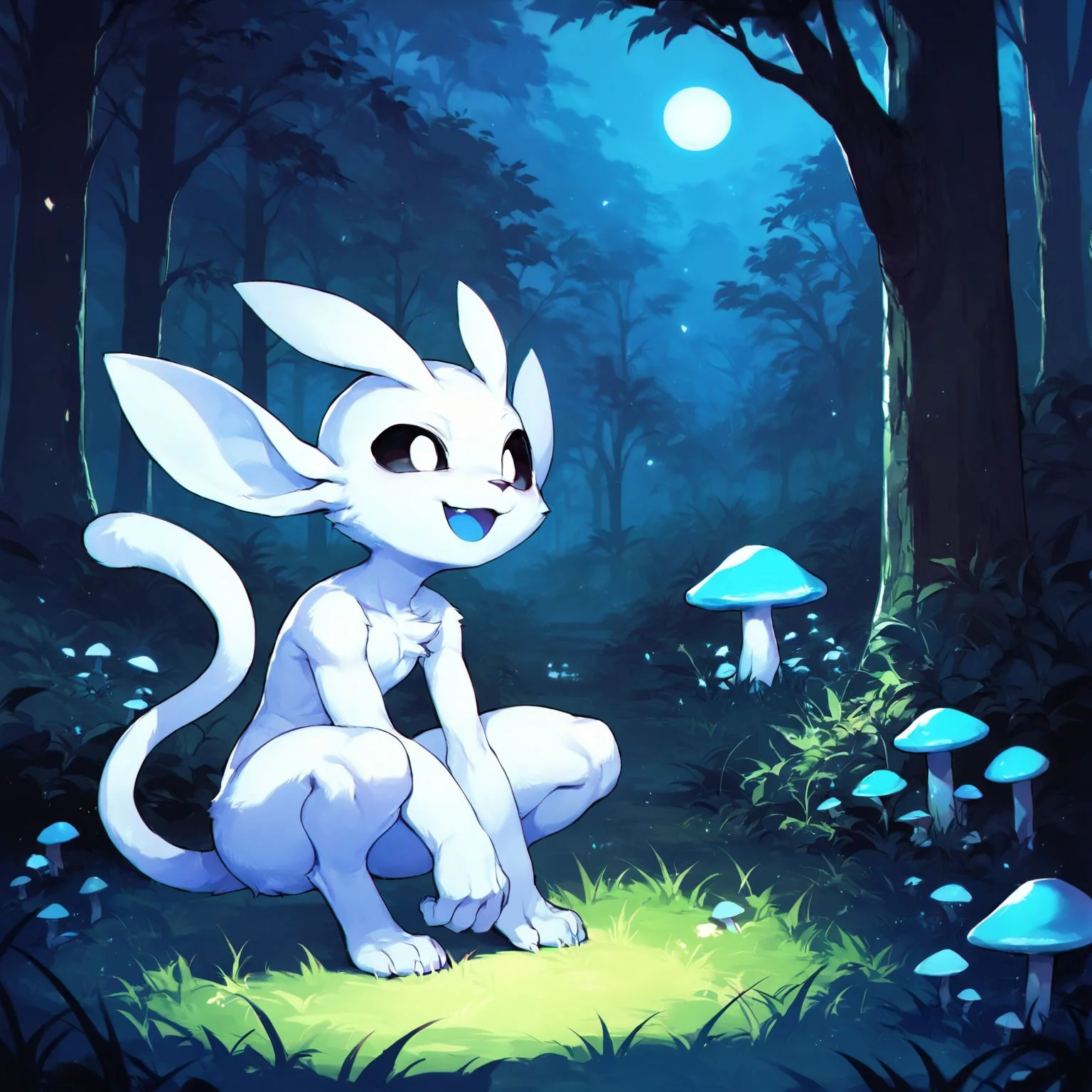 <lora:Ori:0.8> ori, black sclera, white eyes, solo, smile, open mouth, sitting, full body, outdoors, tree, no humans, night, grass, nature, forest, blue theme, mushroom , furry, crouching, spirit, source_anime, source, furry, score_9, score_8_up, score_7_up, score_6_up, score_5_up, score_4_up, ponypositive,