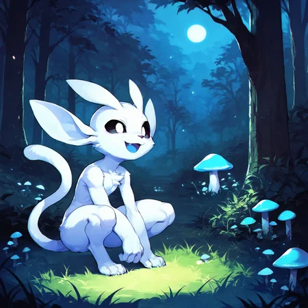 <lora:Ori:0.8> ori, black sclera, white eyes, solo, smile, open mouth, sitting, full body, outdoors, tree, no humans, night, grass, nature, forest, blue theme, mushroom , furry, crouching, spirit, source_anime, source, furry, score_9, score_8_up, score_7_up, score_6_up, score_5_up, score_4_up, ponypositive,