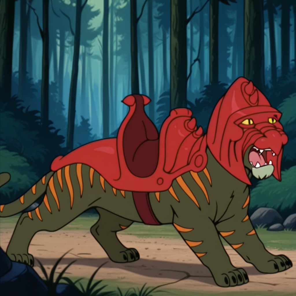 masterpiece, best quality,absurdres, highres, Crngrbttlil, feral, male tiger, green fur orange stripes, yellow sclera, slit pupils, red armored mask, red armored saddle, fighting stance, roaring, solo, forest, <lora:6844ed6c-5ed6-4c17-b858-1467c23ae999:1.0>
