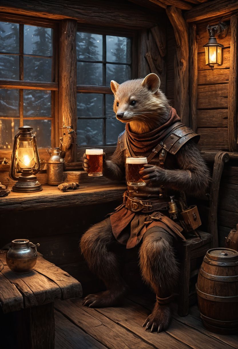 fantasy anthropomorphic a Pine-marten warrior in dark tavern holding a pint of ale in a cozy environment with gas lamps rustic wood warm brick fireplace and frosted glass windows