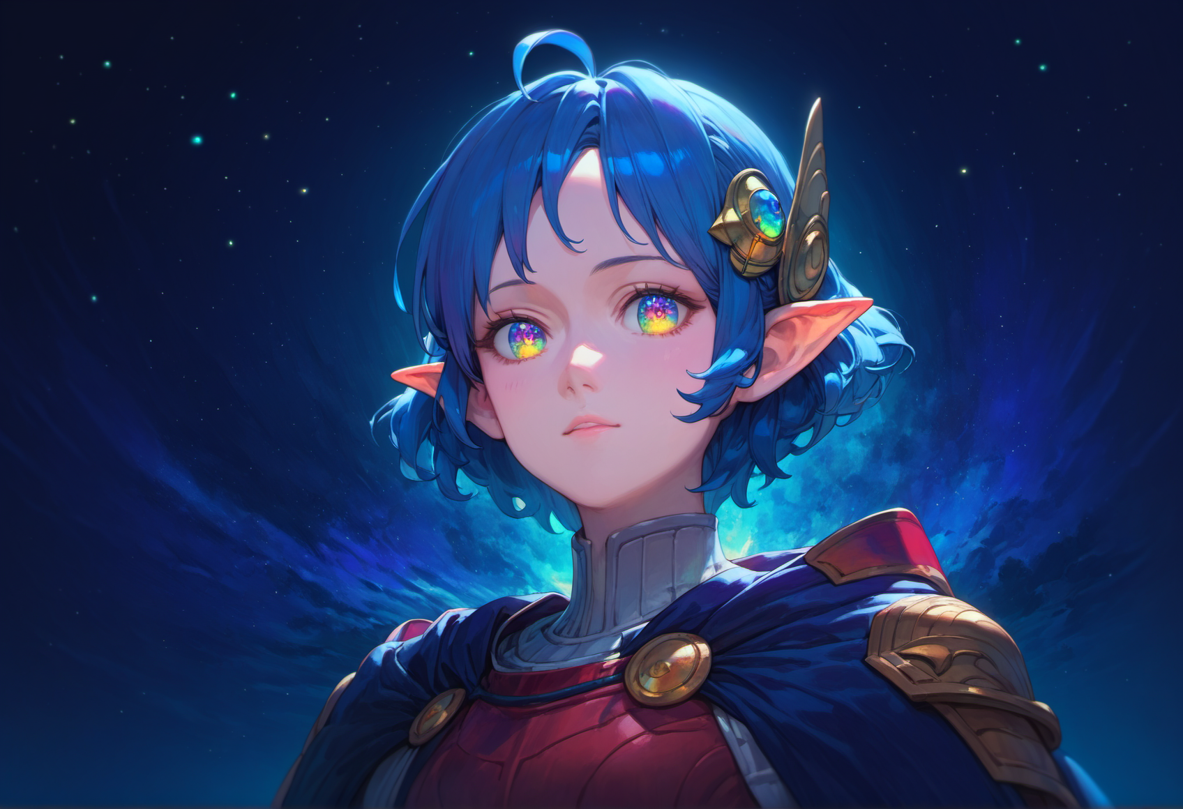 score_9, score_8_up, score_7_up, score_6_up,
star ocean, 1girl, rena lanford, ahoge, armor, [blue:opal:0.5] eyes, blue hair, cape, hair ornament, pleated skirt, pointy ears, short hair, beautiful detailed eyes,
from below, upper body, (close-up:1.2), space, star \(sky\), spiral galaxy, portrait, official wallpaper, backlighting,
 <lora:yukihiro_kajimoto_so2r_pony:0.8>
<lora:IOS_Iridescent_opal_style:0.8>