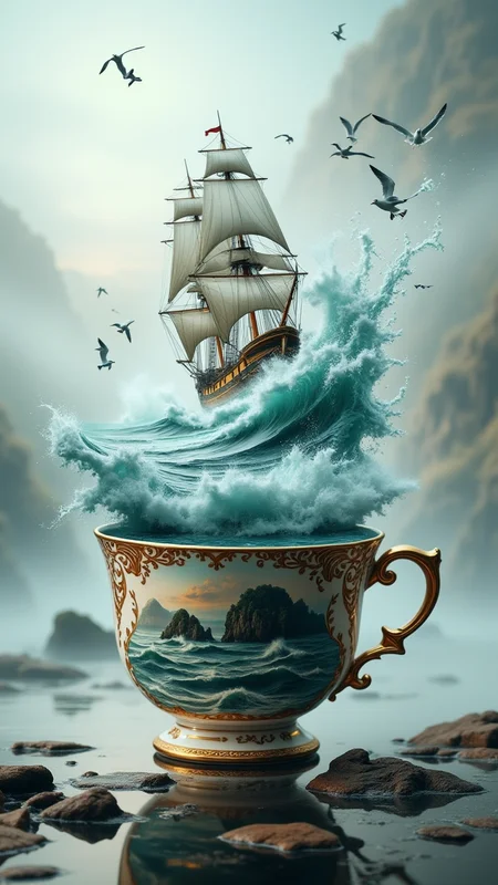 A surreal scene featuring a large, ornate porcelain cup, intricately decorated with landscapes. Within the cup, turbulent ocean waves crash, and a majestic tall ship navigates through the water, creating splashes. The setting is dreamlike with a misty backdrop, soft light filtering through, enhancing the ethereal quality. The color palette features deep blues and greens of the ocean, contrasting with the shiny gold and delicate patterns of the cup. Seagulls can be seen flying in the background, adding life to the scene. The overall aesthetic is hyperrealistic, blending elements of fantasy and whimsy.  bo-exposure, double exposure,