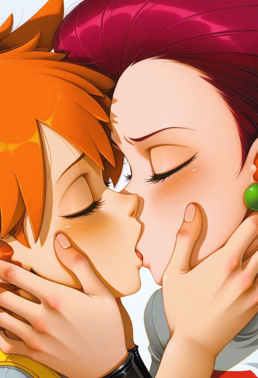 masterpiece, best quality, amazing quality, 
2girls, misty_\(pokemon\), jessie_\(pokemon\), kiss, french_kiss, close-up, hands_on_another's_face, 
fr-pi-il