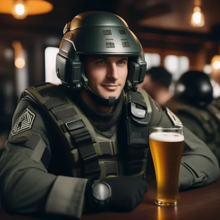 cinematic photo a man with a army suit and a helmet having a beer in a pub, text ''I'm doing my part'' <lora:StarshipTroopers1024:0.8> . 35mm photograph, film, bokeh, professional, 4k, highly detailed