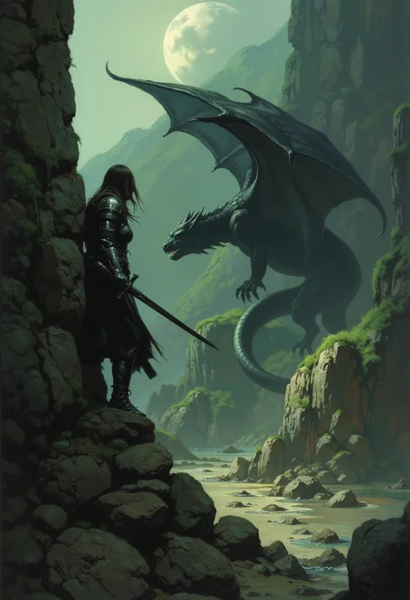 The subject is dynamic action scene where a female knight taking cover behind some large rocks as a dragon with great dark wings and horned head slithers past, 
Dark environment, black over black, highly detailed,
the background features a greenish but mostly dead mountainous landscape.