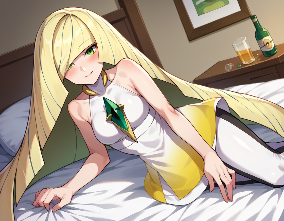 score_9, score_8_up, score_7_up, source_anime,
pokemonlusamine, <lora:pokemon-lusamine-ponyxl-lora-nochekaiser:1>
pokemonlusamine, blonde hair, green eyes, hair over one eye, long hair, multicolored hair, streaked hair, very long hair, smile,
bare arms, diamond \(shape\), dress, gem, green gemstone, leggings, short dress, sleeveless, sleeveless dress, white dress, white leggings,
indoors, bed, bed room, on side, blush, drunk,
looking at viewer, dutch angle, cowboy shot,