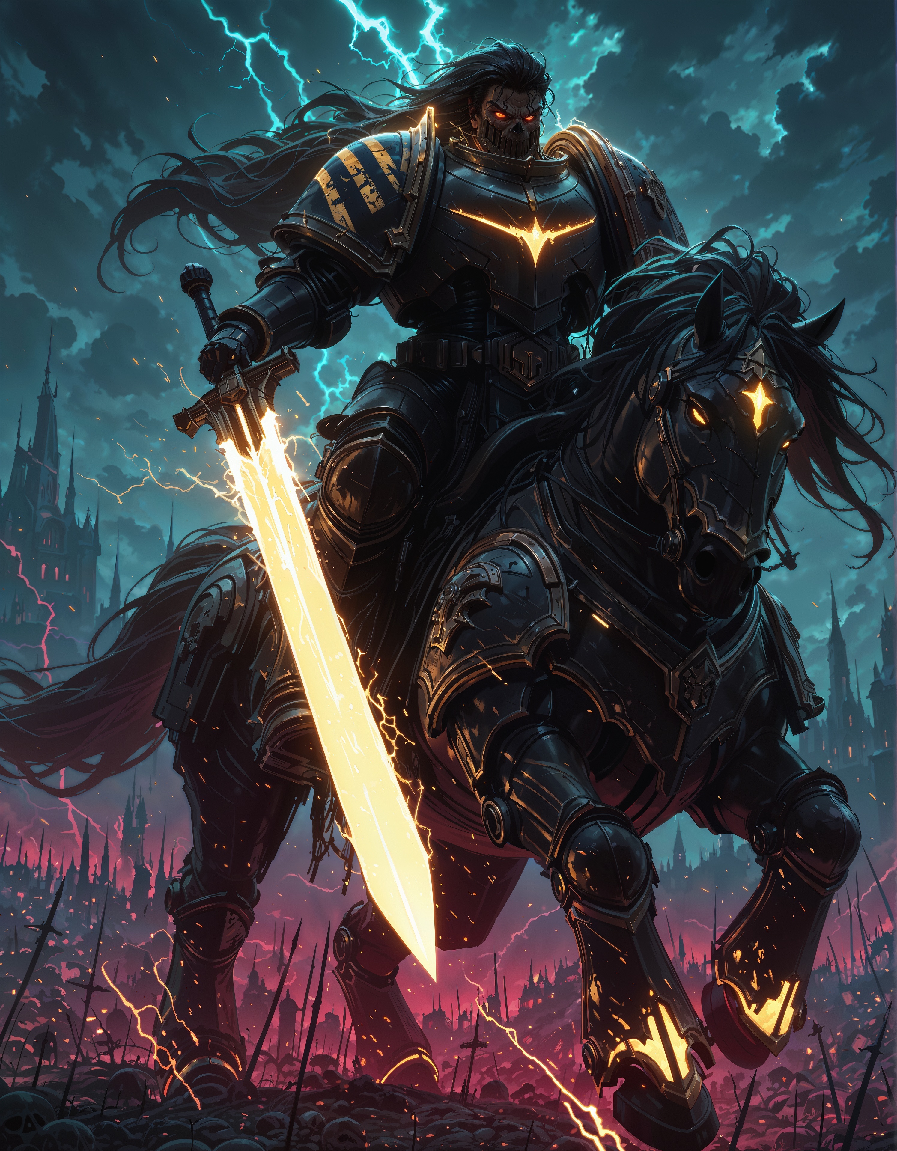 masterpiece, best quality,high quality, newest, highres,8K,HDR,absurdres, IronW40k, 1boy, spiky hair, very long hair, scars, power armor, dynamic close up pose, red electricity sparks, riding a yellow glowing skeleton horse in to battle, sitting on the back of a skeleton horse, wielding a glowing sword, holofoil glitter, faint, glowing, otherworldly glow, graveyard in background <lora:ILLIronW40k:1>  <lora:HKRidingIL:1>