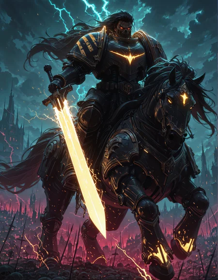 masterpiece, best quality,high quality, newest, highres,8K,HDR,absurdres, IronW40k, 1boy, spiky hair, very long hair, scars, power armor, dynamic close up pose, red electricity sparks, riding a yellow glowing skeleton horse in to battle, sitting on the back of a skeleton horse, wielding a glowing sword, holofoil glitter, faint, glowing, otherworldly glow, graveyard in background <lora:ILLIronW40k:1> <lora:HKRidingIL:1>