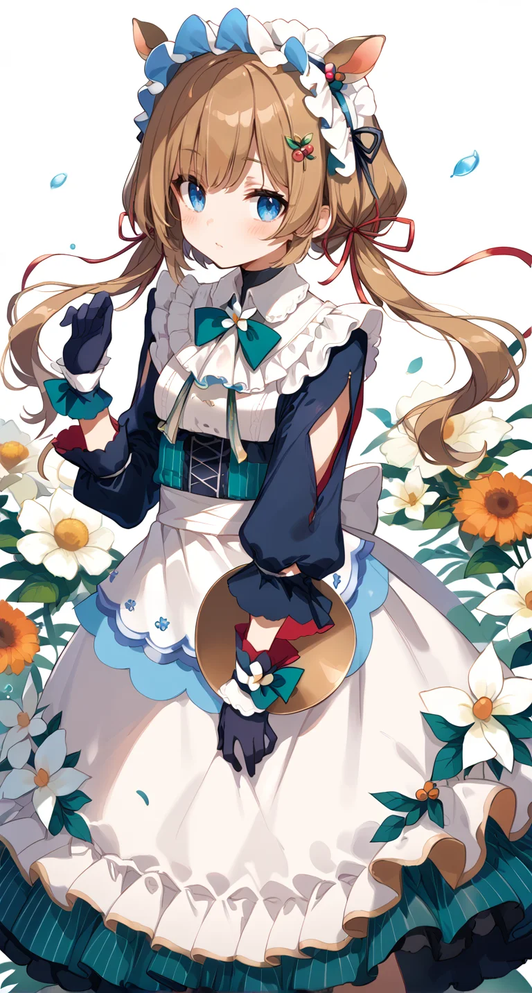 score_9,score_8_up,score_7_up,
official art,official style,game cg,megami magazine,
1girl,
eli conifer,
animal ears,apron,bangs,black footwear,black gloves,blue bow,blue eyes,
blush,bow,brown hair,deer ears,frills,gloves,hair ornament,hair ribbon,
long hair,long sleeves,low twintails,maid,maid headdress,puffy sleeves,red ribbon,
ribbon,skirt,twintails,waist apron,white apron,white background,white dress,white flower,
standing,
<lora:eli_conifer_pony_v1:1>,