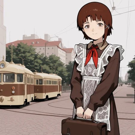 iwakura lain \(sel\), 1girl, small body, sovsh_uniform, lace apron, frilled hair scrunchie, red neckerchief, brown dress, long sleeves, solo, holding brown briefcase, urban outdoor, buildings, smile, looking at viewer, tram, rails,