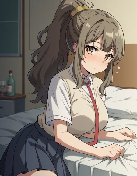 score_9, score_8_up, score_7_up, source_anime,
riofutaba, <lora:rio-futaba-s1-ponyxl-lora-nochekaiser:1>
rio futaba, long hair, brown hair, brown eyes, large breasts,
shirt, hair ornament, school uniform, white shirt, ponytail, short sleeves, necktie, scrunchie, red necktie, hair scrunchie, skirt, pleated skirt,
indoors, bed, bed room, on side, blush, drunk,
looking at viewer, cowboy shot, dutch angle, solo,