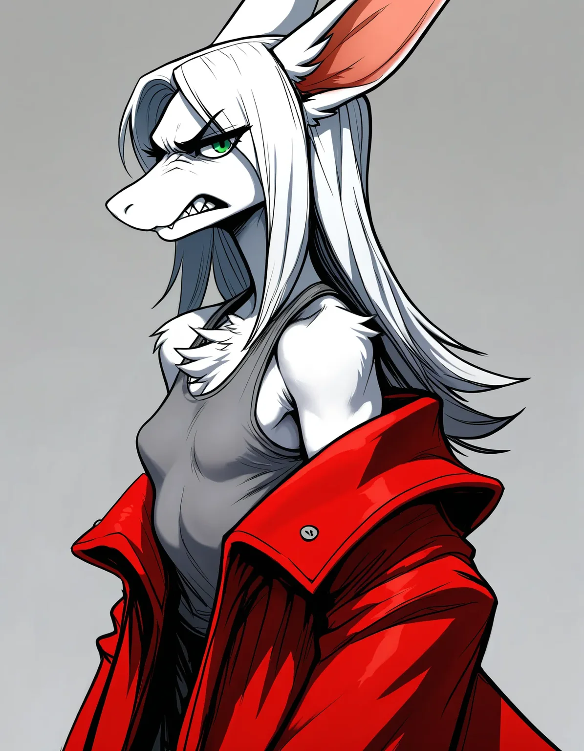 newest, masterpiece, best quality, beautiful lighting, very aesthetic, mixed media, detailed background, very awa, perfect composition, BREAK,
white fur, freyac, 1girl, solo, female, white hair, long hair, looking at viewer, green eyes, annoyed, undressing, gritting teeth, clenched teeth, bare shoulders, dragoon coat, red dragoon coat, taking off coat, from side, angry, grey background, small breasts, grey tanktop, glaring, ears, detailed, guoh, ,
<lora:Freya v11bNoob9s96:0.8> <lora:noobai_ep11_stabilizer_v0.138_fp16:0.8>