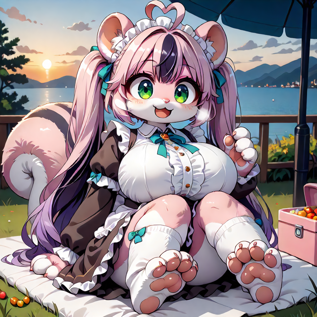 1girl,solo,light pink squirrel anthro,light pink skin,light pink fur,light pink squirrel furry girl,squirrel fursuit,squirrel snout,:3,gigantic breasts,brown maid blouse,fluorescent green frilled skirt,puffed sleeves,long sleeves,maid dress style,
light pink huge feral ears,white ear furnishings,light pink huge squirrel tail,(((barefoot,feet front,focus on soles of feet,puffed pawpads,cat paws,puffed paws,paw front,fluffy paws,puffed paw,inflated paw, puffed pawpad,stuffed paw,pink claw,pink cat claw,)))
lazypos,score_9, score_8_up, score_8, score_7,score_7_up,amazing quality,very aesthetic,masterpiece, ultra detailed,ridiculous,best quality, absurdres, newest,highres,sensitive,absurdres, highres,japanese anime style,anime coloring,animation cel,orange natural lighting,Improve chroma,
dynamic shot,bottom view,focus on sole of feet,solo focus,zoom in,close-up,plump,shortstacks,shortstack,cute,kawaii,sideway sitting,feet together,legs together,animal tone beans on sole of feet, metacarpal pawpad, 4toes, detailed paws,looking side, outdoors,sunset,lake background,flirtatious smile,lunch box beside,picnic,
emerald green eyes,clear eyes,round eye,
vrey long hair,heart-shaped ahoge,purple hair, black hair,two-tones hair,multicolored hair, very long twintails,round furry face,
violent shaking,expressiveh,heavy breath,unable to move, motion lines,FMW1,balloonz
<lora:InflationXL_063-NoReg-epoch-08:0.4><lora:fursuit-bing-xl:1> <lora:FMW1:1> <lora:transformation_all_pony-adafactor-8x4-4x1-cs1:1.2>  <lora:Furryfication Slider_alpha1.0_rank4_noxattn_last:0.8><lora:InflatablePony_dd_v1.0_PDXL:0.2> <lora:living_plushies2:0.2><lora:SyMix_Pony_v05a02:0.25> <lora:inflatables3:0.25> <lora:balloonz:0.4> <lora:Smooth_Booster_v2:0.2>