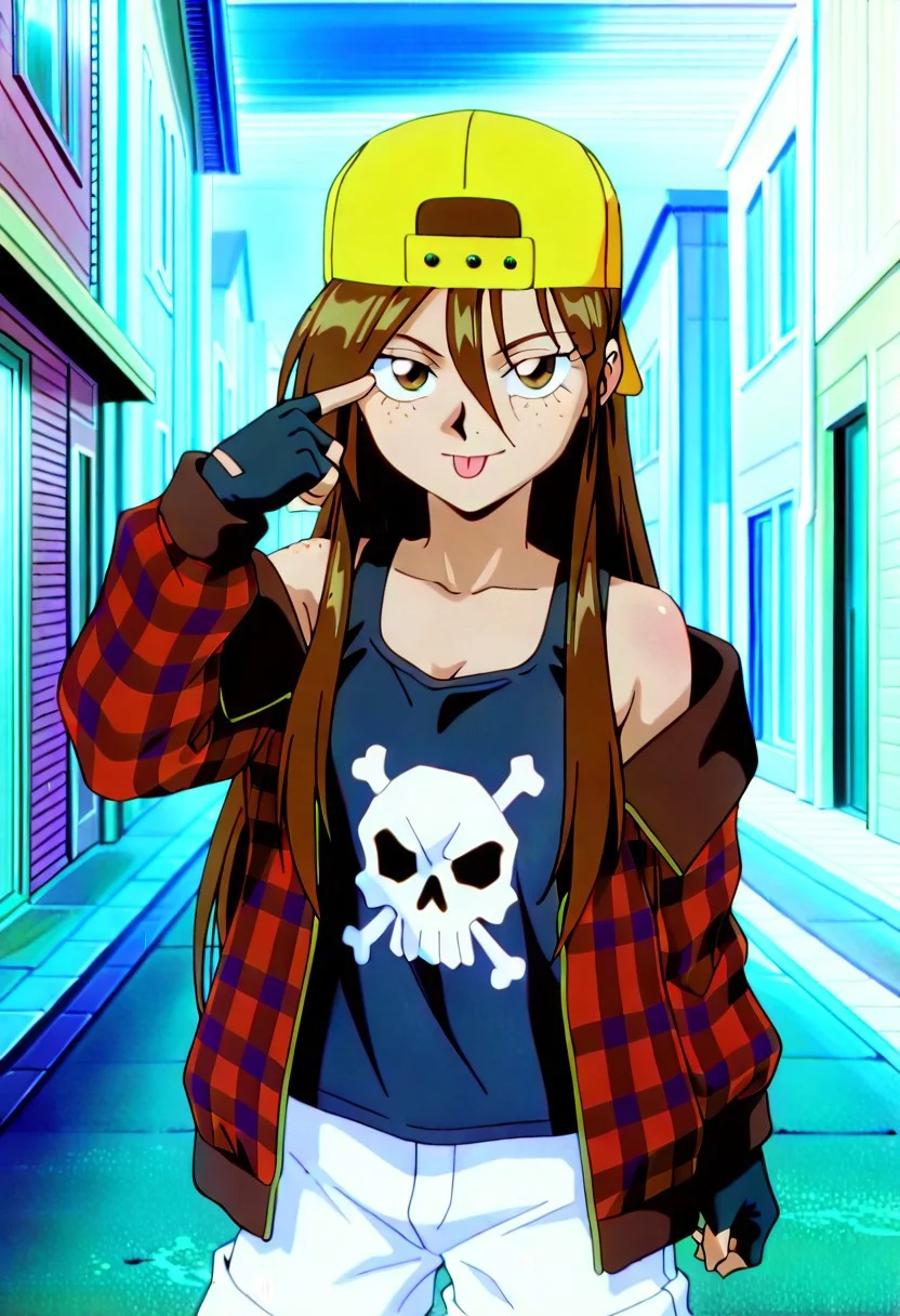 official art, masterpiece, best quality, absurdres, AWGXS, anime screenshot, retro artstyle,1990s (style), cel animation, 1girl, female focus, solo, Carol_CTO, freckles, brown hair, asymmetrical bangs, long bangs, bangs between eyes, sidelocks, very long hair, hair down, CTO_ska, backwards hat, baseball cap, yellow headwear, plaid jacket, open jacket, off-shoulder jacket, tank top, black tank top, print tank top, skull print, skull bow, cargo shorts, white shorts, cowboy shot, fingerless gloves, black gloves, outdoors, street, Akanbe, tongue out, looking at viewer, hand up, finger to eye,