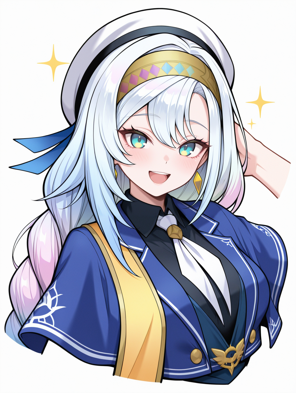 artmegia finemelt,1girl,solo,gradient hair,hand behind head,open mouth,white background,looking at viewer,smile,upper body,simple background,gold earrings,blue dress,black collared shirt,blue capelet,cropped torso,white beret,gold hairband,gold sash,white necktie,
masterpiece,best quality,amazing quality,very aesthetic,absurdres,newest,<lora:Artmegia finemelt illusXL v1.3:0.7>,