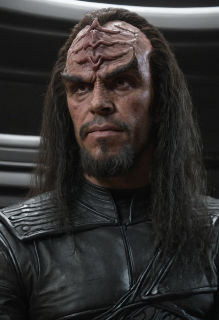 8k, hyper realistic, full shot, Klingon male, black leather uniform, large klingon forehead, on a spaceship, dark lighting, dark hair, mean expression, Detailed natural skin and blemishes without-makeup and acne, look.