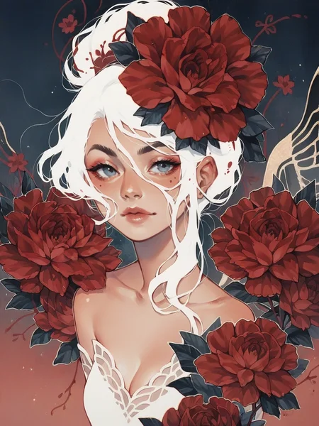 score_9, score_8_up, score_7_up, score_6_up, <lora:n3gsp4c3XLP:0.8> n3gsp4c3, white hair, solo, 1girl, red flower,