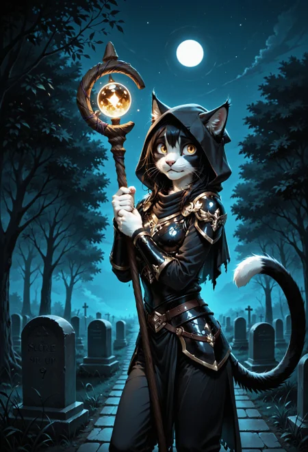 score_9, score_8_up, score_7_up, (solo), sfw BREAK 1girl, Ember (ESO), anthro, feline, black and white fur, cat tail, black hair, yellow eyes, slim, breasts, (black armor:1.2), pants, hood, (hugging wizard's staff:1.2), BREAK shy pose, big eyes, small pupils, ((scared)), looking side, on old cemetery, trees, orb of light floating above her head, horror background, summer, night, darkness, thick mist, beautiful night sky, extremely detailed, cinematic soft lighting, tranquil setting, natural beauty, detailed background, sharp focus, extremely detailed, high detail, dynamic angle, dynamic pose