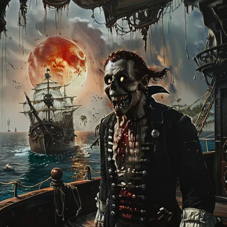 ghost pirate captain with a hook for a hand, looking over the bow of a pirate ship, looking at the ocean, wide grin, menacing expression, masterpiece, high res, 8k, intricate detail on pirate ship, grim, dark, evil, scary, horror, gritty, sharp teeth, evil eyes, night sky, red sun, grimace, blood everywhere, entrails, gore