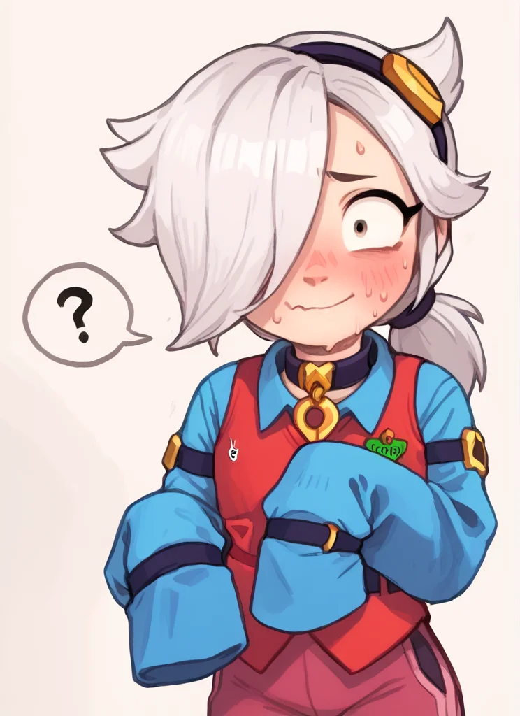 score_9, score_8_up, score_7_up <lora:bscolette:1>bscolette , 1 girl , white hair, , ponytail, collar , red vest , blue shirt , long sleeves, purple pants, hair over one eye, hairband, sleeves past fingers, <lora:PossumMachine:1>posmach ,confused, looking at viewer, nervous smile, ??? , blush, sweat, belt