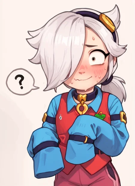 score_9, score_8_up, score_7_up <lora:bscolette:1>bscolette , 1 girl , white hair, , ponytail, collar , red vest , blue shirt , long sleeves, purple pants, hair over one eye, hairband, sleeves past fingers, <lora:PossumMachine:1>posmach ,confused, looking at viewer, nervous smile, ??? , blush, sweat, belt