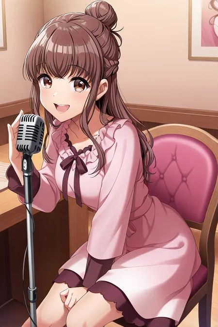masterpiece, best quality, amazing quality,
<lora:Airi_IL:1> airi, 1girl, brown hair, solo, microphone, dress, long hair, sitting, braid, smile, looking at viewer, pink dress, hair bun, open mouth, indoors, long sleeves, single hair bun, bangs, brown eyes, microphone stand, chair