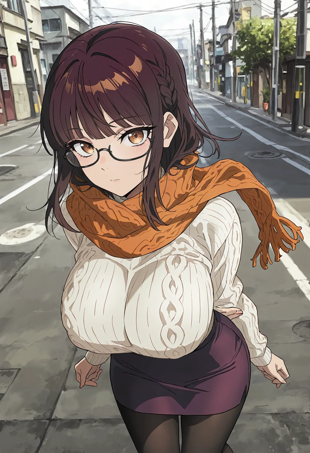 masterpiece, best quality, amazing quality, very aesthetic, absurdres, newest, scenery, 1girl, solo, huge breasts, <lora:Fujimiya Sumika illustxl:0.9> brown eyes, under-rim eyewear, black-framed eyewear, brown hair, braid, blunt bangs, sidelocks, medium hair, orange scarf, cable knit, white sweater, long sleeves, purple skirt, pencil skirt, miniskirt, black pantyhose, street, outdoors, standing, upper body, looking at viewer, anime screenshot, masterpiece, best quality, amazing quality, very aesthetic, absurdres, newest, scenery, volumetric lighting