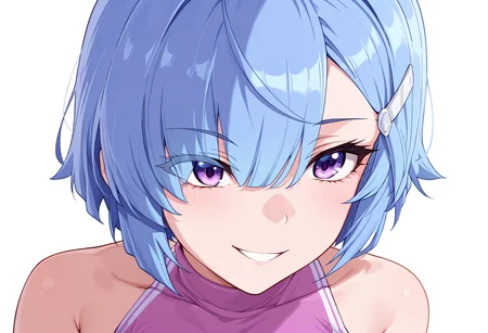masterpiece,high quality details, absurdres,
<lora:Imose_Mimika:0.8>aged up,
mimika_cnr, 1girl, blue hair, short hair, hair over one eye, purple eyes,eyes visible through hair,hairclip,, simple background, white background, sideways,solo,, grin,serious,, elegant silhouette,slight back arch,happy face,, sports bra ,pullover,single leg thighhigh, ,polka dot legwear,
