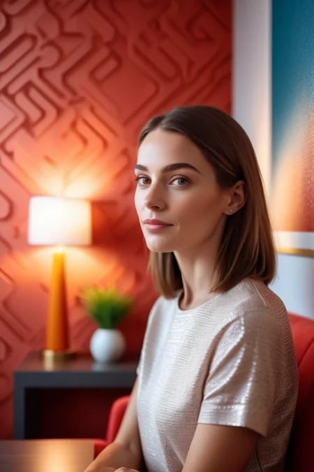 BRYO-XL beautiful woman in a modern home, against a wall with wallpaper and furniture
(photorealistic) (bokeh) (intricate details) (cinematic lighting) (sharp focus)