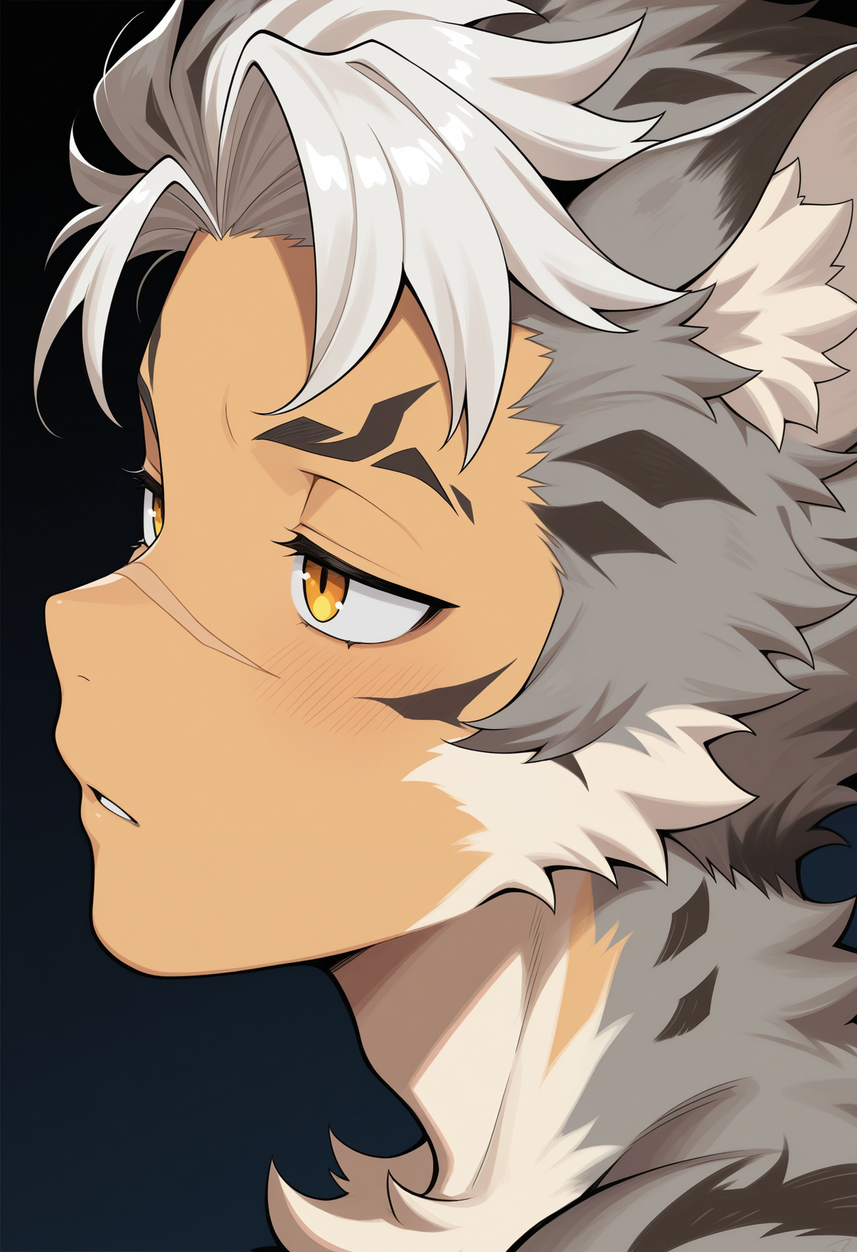 masterpiece,best quality,amazing quality, 1boy, solo, lut3, leopard boy, grey fur, tan skin, orange eyes, scar on nose, top, close up, side angle,