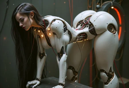 high quality, best quality, ultra-detailed, very aesthetic, source_realistic, 1girl, solo, Long black hair, swept bangs, curtained hair, dark brown eyes, dark makeup, cat eyeliner, red lipstick, beautiful lips, red long nails, very pale skin, curvy, medium breasts, thick thighs, round ass, dynamic pose, pinup pose, dim light, (sci-fi, perfect anatomy, android girl, erotic pose, reelmech, mechanical parts, cable, wires, machinery, joints, mecha, (medium breasts), ((fat ass, thick thighs, small waist)), high-contrast setting, alien android, flowing black hair, very long hair, dark moody dramatic background, glowing red, spaceship cockpit, galaxy, space, stars, planets, bright colors contrasted against dark background, (red neon glow) from consoles and screens, bright led lights, buttons, switches, (charging), conduit, bending forward, using console, glowneon, mechanical high heels), ultra-definition, fine details, high resolution, 8K wallpaper, perfect dynamic composition, (((tighs to head focus))), raw, photo, realistic