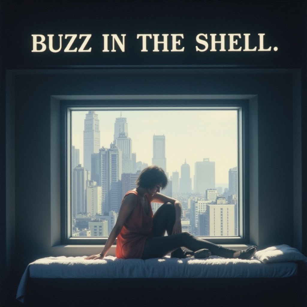 Motoko Kusanagi sitting on a bed by the koukaku window. "BUZZ IN THE SHELL" in white letters at the top.