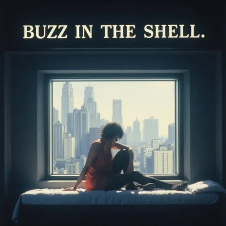 Motoko Kusanagi sitting on a bed by the koukaku window. "BUZZ IN THE SHELL" in white letters at the top.
