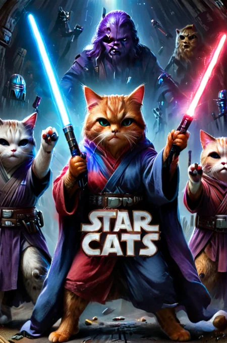 (("STAR CATS" (text logo:1.8))) <lora:Harrlogos_v2.0:1.8>, (full body), (((fat cats))), (screensaver for the movie "Star Wars" fat cats in Jedi costumes, holding lightsabers in their hands), predominant violet and red and blue color, hyper-detailed, hyper-realism, sharp shot, cinematic, background action-packed, <lora:xl_more_art-full_v1:1>,