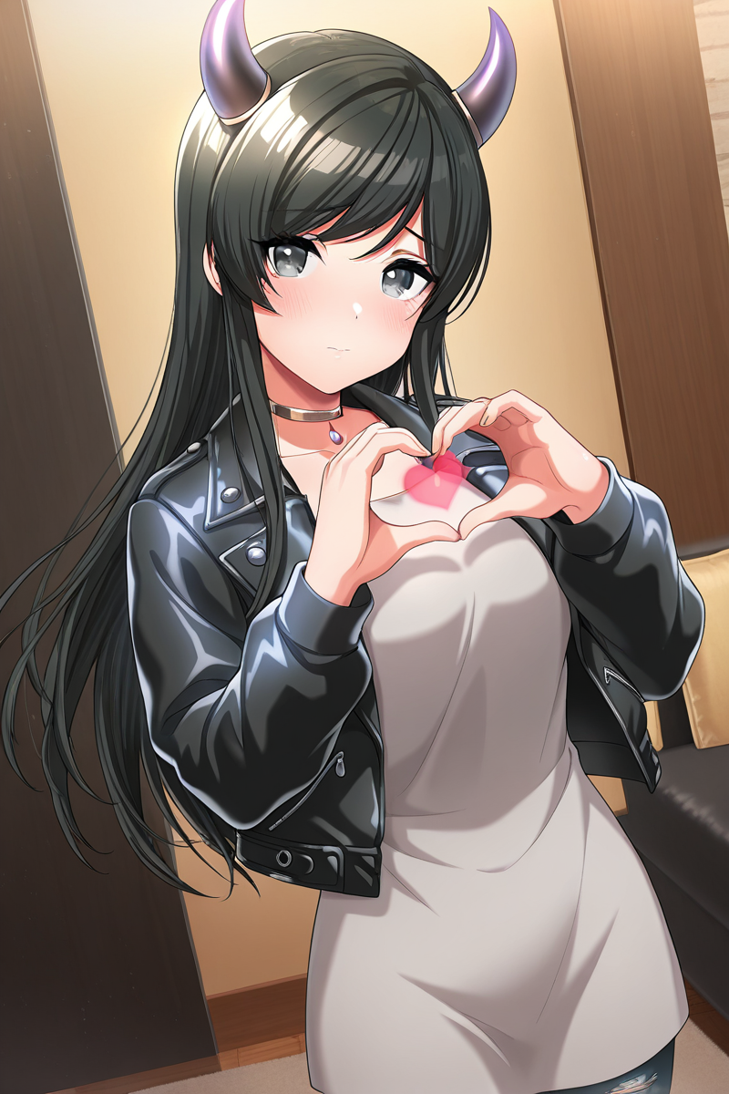 masterpiece, best quality, amazing quality,
 <lora:Tsubaki_IL:1> tsubaki, 1girl, horns, heart hands, heart, solo, black hair, jacket, long hair, black jacket, leather jacket, leather, jewelry, dress, choker, looking at viewer, indoors, black eyes, denim, torn pants, casual1
