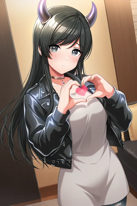 masterpiece, best quality, amazing quality,
<lora:Tsubaki_IL:1> tsubaki, 1girl, horns, heart hands, heart, solo, black hair, jacket, long hair, black jacket, leather jacket, leather, jewelry, dress, choker, looking at viewer, indoors, black eyes, denim, torn pants, casual1