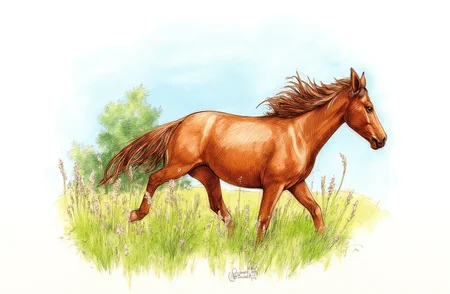 Sharp image of a rough sketch, rendered in vibrant multi colour ballpoint pen, capturing the adorable features of a brown horse galloping in a field. The horse is in mid-stride, with its legs stretched out and its head turned to the side. Its mane and tail are flowing behind it as it gallops. The field is covered in green grass and there are tall grasses and bushes in the background. The sky is blue and the sun is shining, creating a warm glow on the scene.  p3nsk, <lora:p3nsk:1>