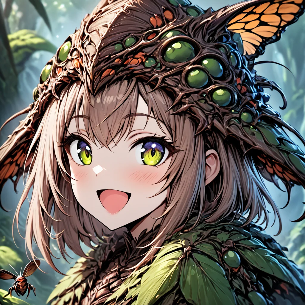 monsterworld, masterpiece,high resolution,detail,
, 1girl,solo, open mouth, smile, portrait, :d, looking at viewer,insect hat
<lora:monster_world-xl-10:0.8>