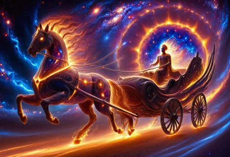 Apochari, galaxy chariot walking streaks of light, 1 rider, void, cosmic, space, starry sky, Light Painting, detailxl, fantasy concept art, volumetric lighting, 8k resolution