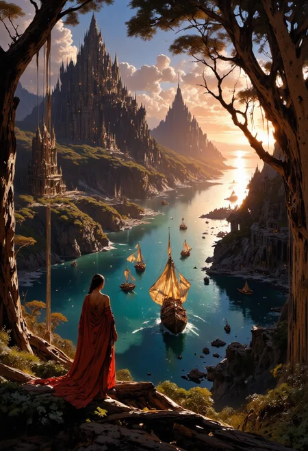 hyper realistic and highly detailed, highly dynamic cinematic panorama view, sea ​​coast, sunset at sea, calm weather, sailing ships on the horizon, a beautiful ship with sails stands in the bay, 17th century, the bay ends on a cliff, a beautiful castle with towers stands on the cliff, a masterpiece, the first stars appear in the sky, beautiful clouds on the horizon, a girl stands on a birch tree, the girl is wearing a beautiful dress, the dress flutters in the wind, the girl looks at the sea