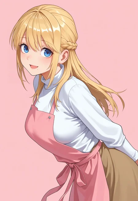 acrylic paint \(medium\), ShirKaname, standing, leaning forward, from side, upper body, dutch angle, open mouth,
simple background, looking at viewer, 
1girl, solo, medium breasts, arms behind back, 
blonde long hair, bangs, half updo, french braid, hair between eyes, sidelocks, blue eyes, smile, (mole:0.3) under mouth, 
white sweater, pink apron, brown long skirt,
best quality,amazing quality,very aesthetic,absurdres
<lora:ShirKaname:1>