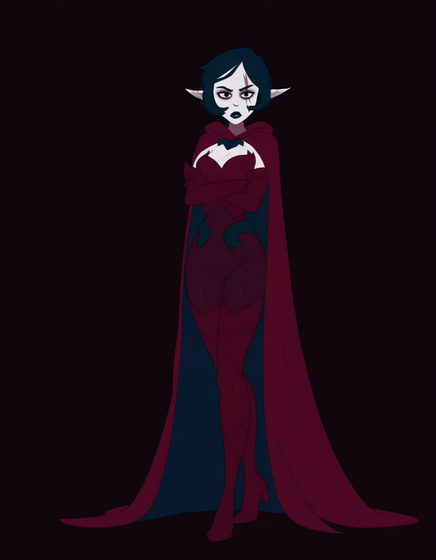 <lora:JudithDofusIllustrious1.0JLFO:1> judithdofus, 1girl, blue hair, short hair, solo, pointed ears, makeup, blue lips,cape,  , black eyes, pale skin, bodysuit, elbow gloves, scar across eye, looking at viewer,full body, thigh boots, simple background, crossed arms,