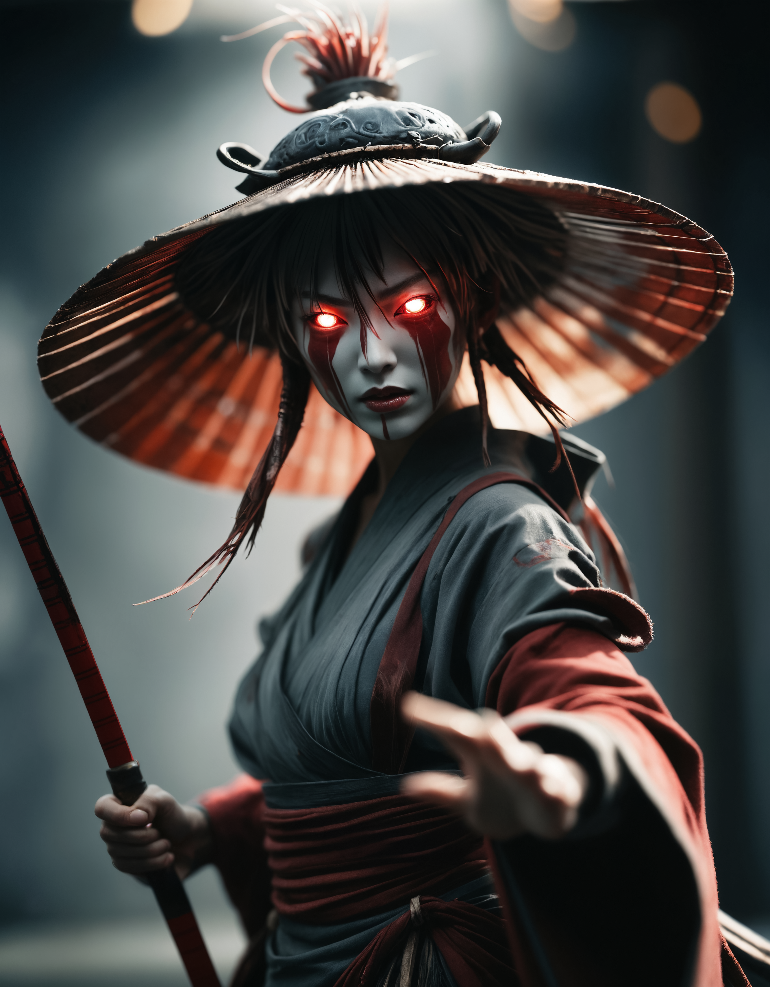 Capture the essence of a weathered old and worn-out female cyborg samurai amidst (swirling magical whisps). Bent forward, obscured beneath a large, round sedge hat, their face hidden behind the shadow. With arms outstretched, each hand holds a hovering, semi-molten translucent dark red-gray sword. Against the backdrop of the sun, they stand in a magical incomprehensible world. translucent dark-red moonlight greatsword ,holding sword, glowing weapon, very detailed, atmospheric haze, Film grain, cinematic film still, shallow depth of field, highly detailed, high budget, cinemascope, moody, epic, OverallDetail, gorgeous, 2000s vintage RAW photo, photorealistic, candid camera, color graded cinematic, eye catchlights, atmospheric lighting, skin pores, imperfections, natural, shallow dof