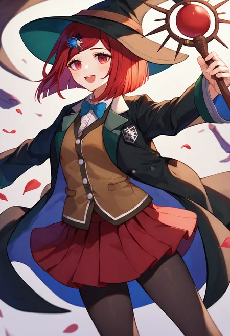 score_9_up score_8_up score_7_up, smile, holding, staff
BREAK
yumeno himiko default, 1girl, hair ornament, short hair, red hair, hairclip, red eyes, skirt, witch hat, pantyhose, jacket, hat, bangs, shirt, pleated skirt, red skirt, black jacket, open clothes, collared shirt, long sleeves, brown vest, open jacket, vest, black pantyhose, black headwear, dress shirt
<lora:danganranpa_v3_pony_d16:1>