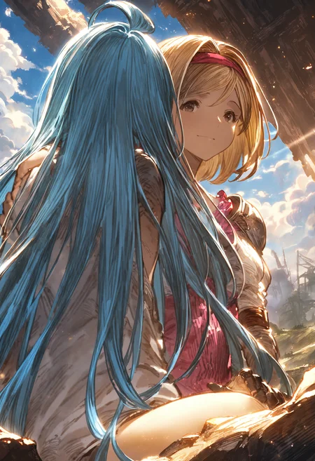 best quality, aesthetic,,
blue sky, cloudy sky, cloud, sunlight, lens flare, ruin, landscape,
2girls, yuri, sitting on a rock, from behind, (hug from behind:0.1),
djeeta \(granblue fantasy\), medium breasts, blonde hair,
lyria \(granblue fantasy\), very long hair, blue hair, small breasts, skinny,
<lora:JitaRuri-XL:1> jitaruri, (sketch:0.5), shoulder armor, gauntlets, <lora:lyria-XL:0.3>