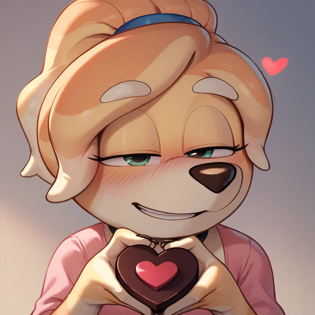 score_9, score_8_up, score_7_up, BREAK furry female, holding heart-shaped chocolate, smile, blush, half-closed eyes, pink shirt, happy valentine, <lora:friskyb:1> friskyb, furry, ponytail,
