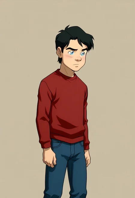 High Quality, Billy batson, solo, 1boy, black hair, blue eyes, red tshirt, bluejeans, young, small body.