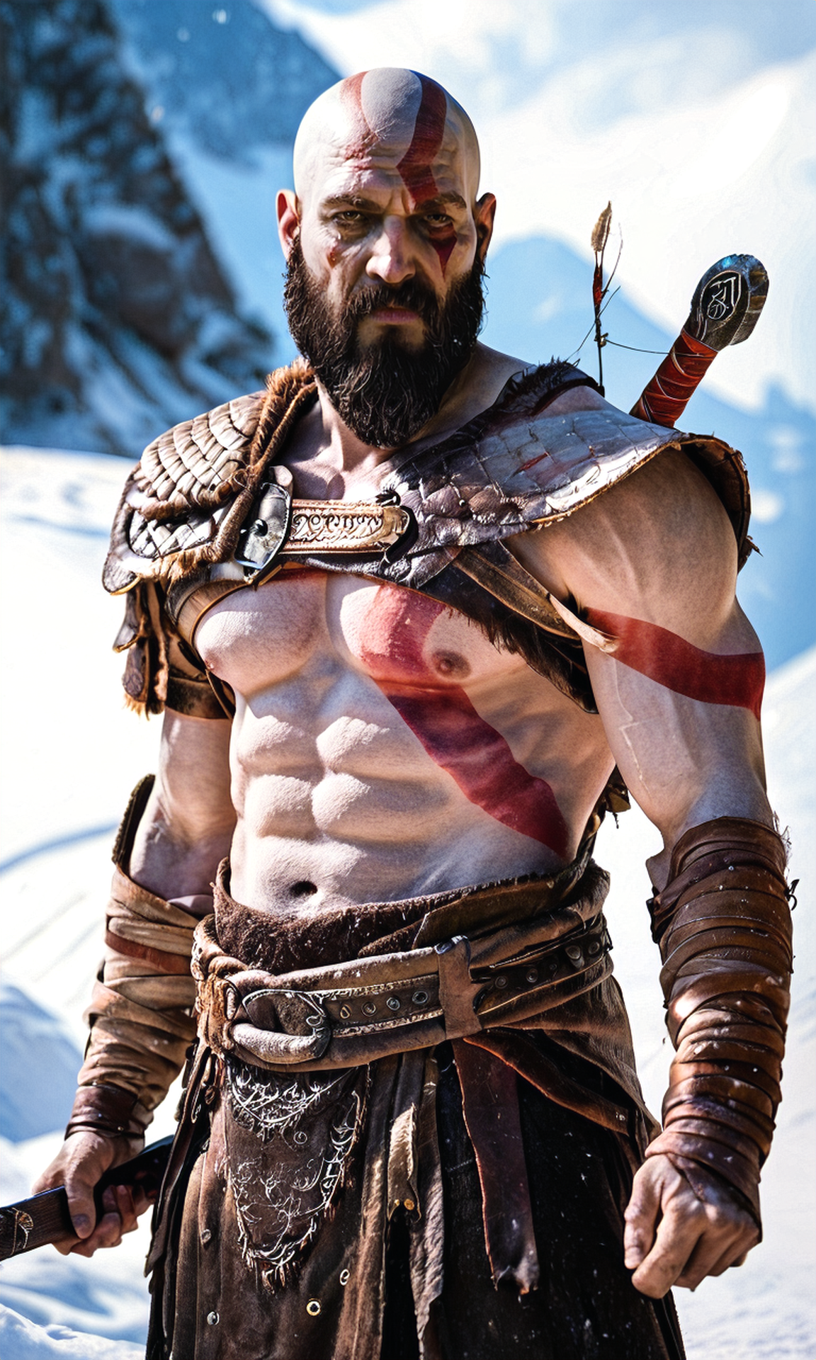score_9, score_8_up, score_7_up, BREAK, zy_kratos, 1boy, facial hair, beard, bald, scar, manly, muscular, tattoo, abs, shoulder armor, weapon, portrait, realistic, photo, real hair, detailed skin, mountain, snow, highly detailed, detailed skin, depth of field, film grain,  <lora:zy_Kratos_PonyRealism_v1:0.75>