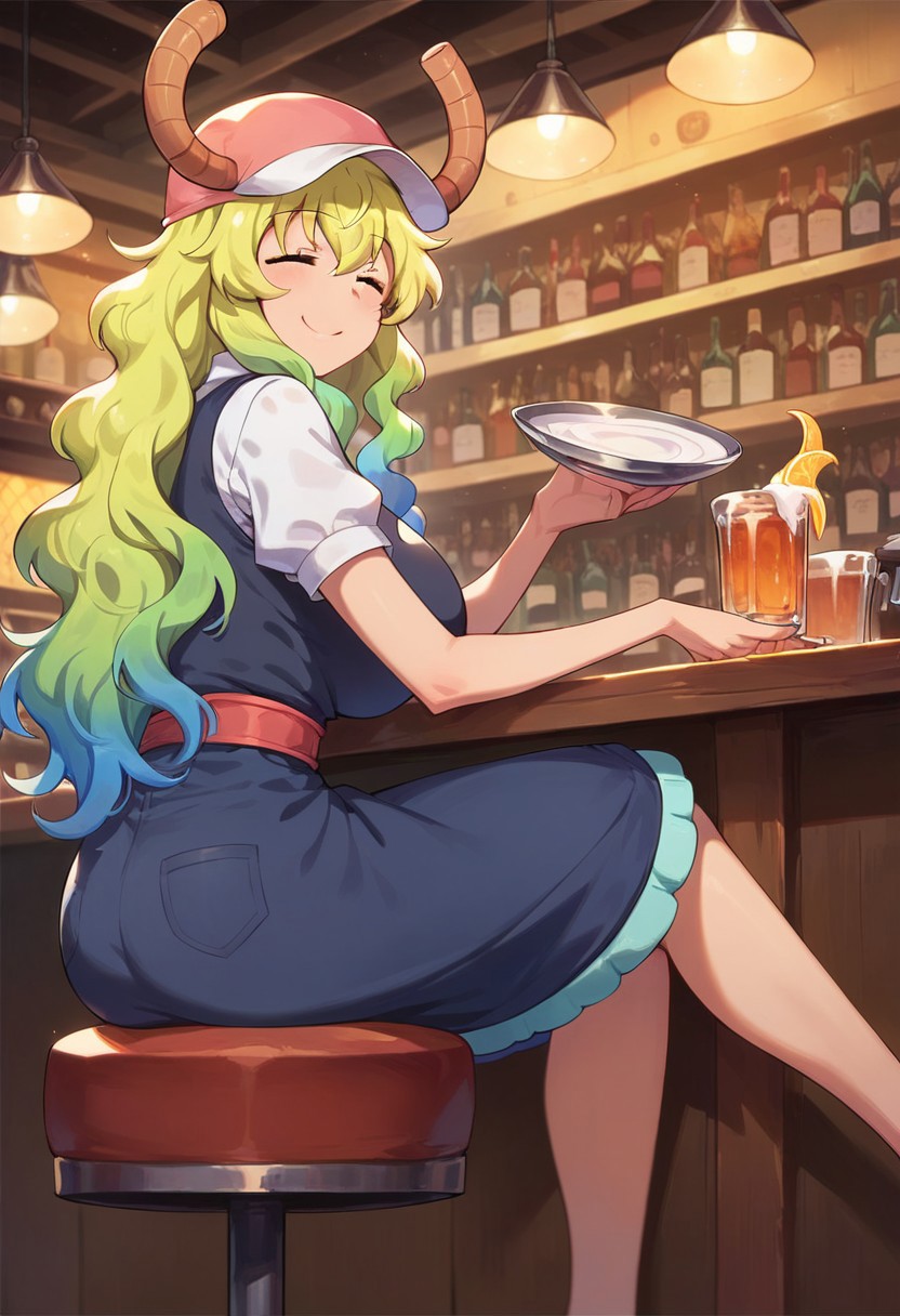 score_9, score_8_up, score_7_up, masterpiece, best quality, expressive, background, bar, bartender, smile, Lucoa_(Maidragon), masterpiece, best quality, 1girl, sitting down, chair, thick.