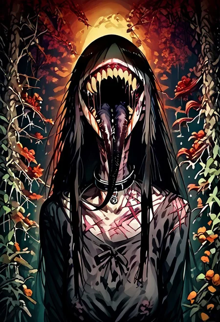 score_9, score_up_8, masterpiece, best quality, explicit,
hasshaku-sama, mature woman, large woman, tall woman, sagging breast, enormous breast, long hair, black hair, horror (theme), collar bone, bony body, skinny, anorexic, fall season, trees, red yellow and orange leaves, falling leaves, night, garden, Expressiveh,
teeth, tongue, open mouth, horror, blood, (((stiches, scars))), black tongue, very long tongue, black tears, full body